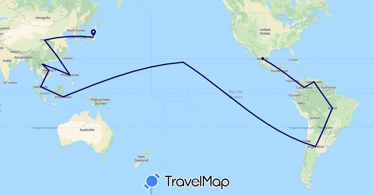 TravelMap itinerary: driving in Indonesia, Japan, Malaysia, United States (Asia, North America)
